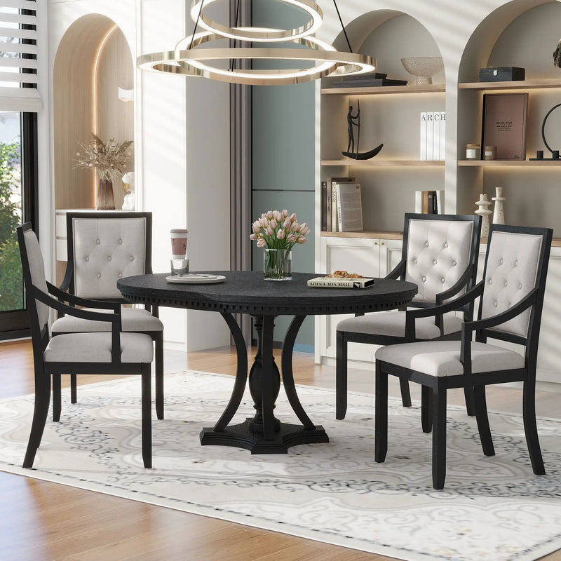 5 Piece Dining Set Extendable Round Table And 4 Chairs - Black / Oak by HouseOfZazla