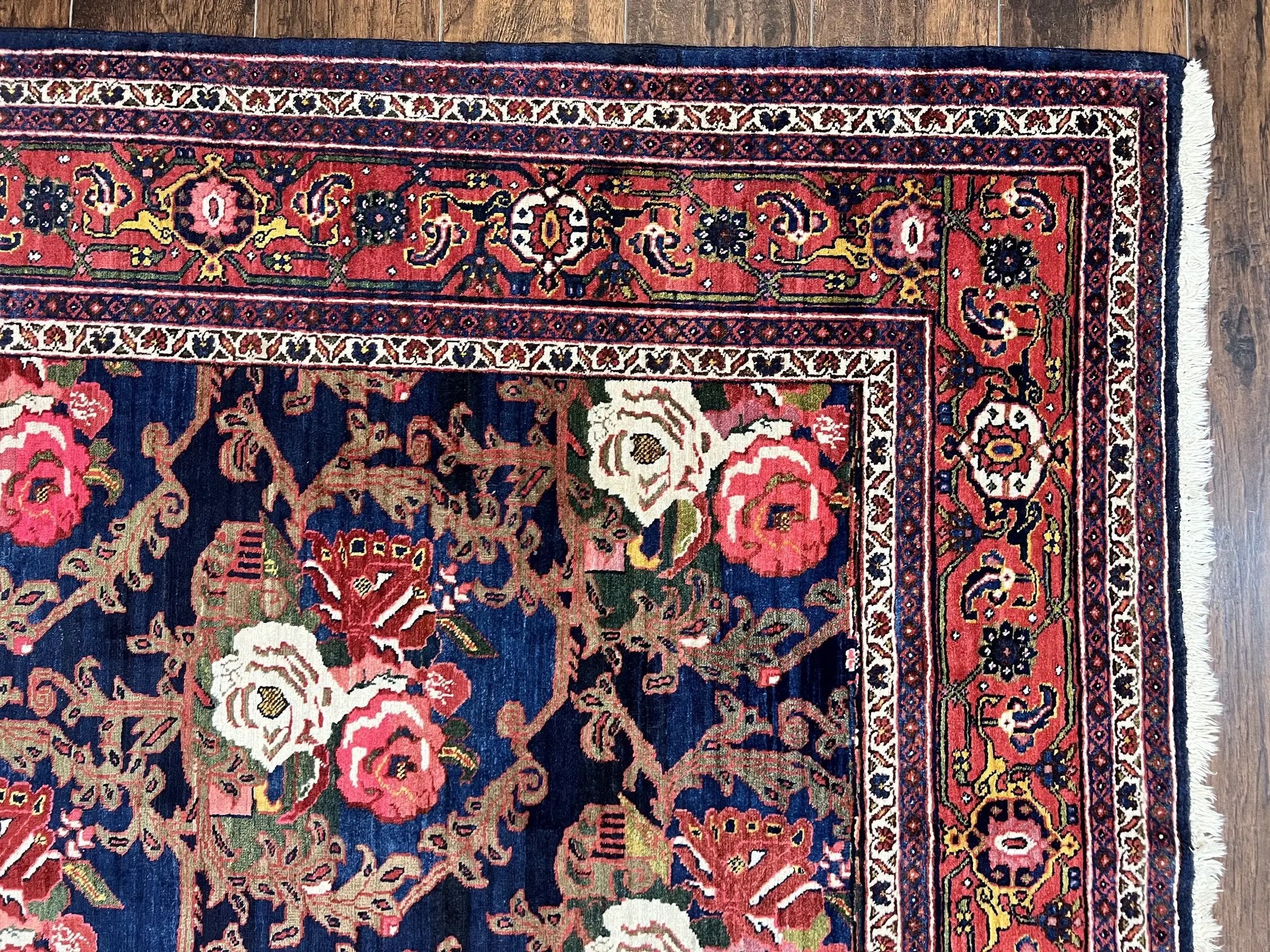 Persian Bidjar Rug 8x11, Floral Bouquets, Blue Black Red Pink, Handmade Hand Knotted Vintage Semi Antique Oriental Carpet by Jewel Rugs