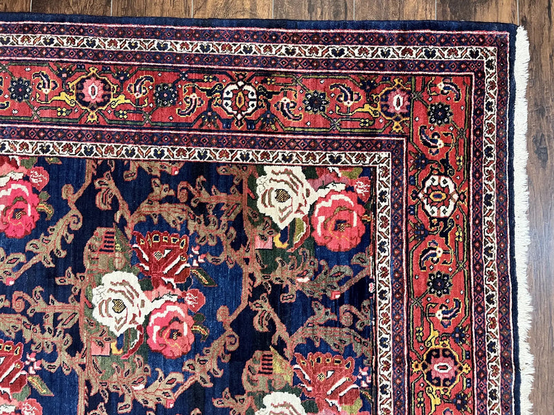 Persian Bidjar Rug 8x11, Floral Bouquets, Blue Black Red Pink, Handmade Hand Knotted Vintage Semi Antique Oriental Carpet by Jewel Rugs