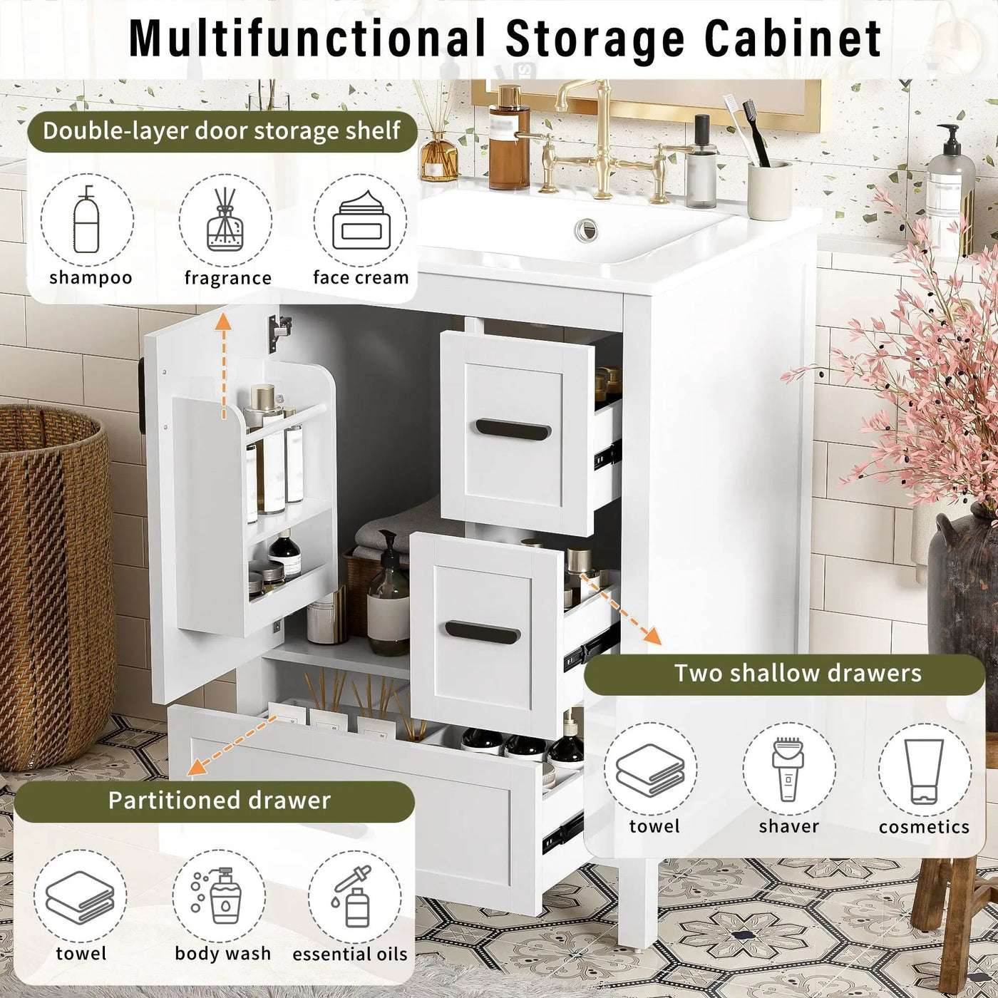 Bathroom Vanity With Sink, Soft-Close Doors, Double-Layer Shelf And 3 Drawers by Unique Piece Furniture
