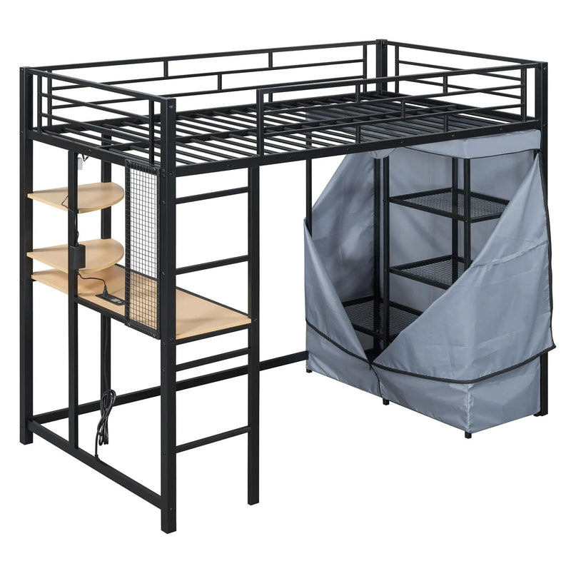 Loft Bed With Desk, Shelves, Power Outlet, LED Light And Wardrobe by HouseOfZazla