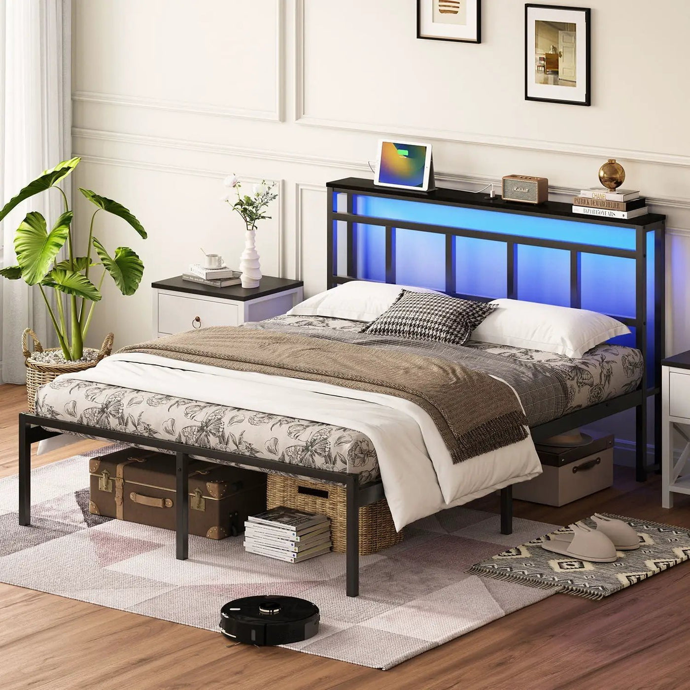 Bed Frame With Storage Headboard With USB C, Type C And LED Light by HouseOfZazla