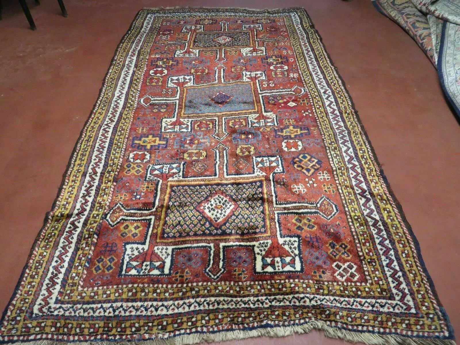 Antique Moroccan Runner Rug 4x9, Wide Runner, Hand Knotted Tribal Oriental Carpet, Hallway Rug, Geometric Medallions, Red, Bohemian Rug Nice by Jewel Rugs