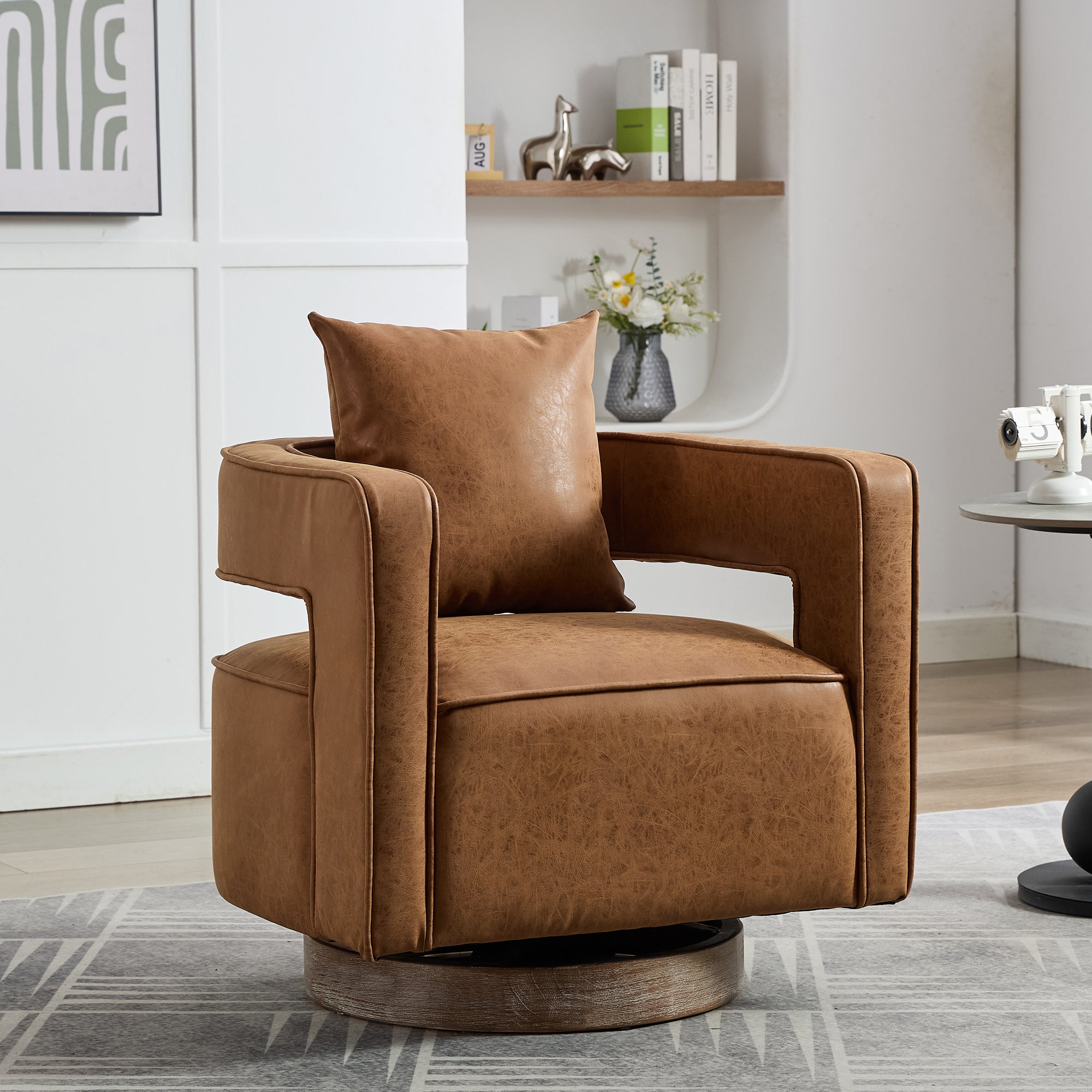 28.9"W Swivel Accent Open Back Barrel Chair in Brown PU by HouseOfZazla
