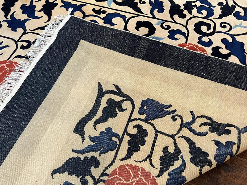 Antique Chinese Peking Rug 10x14, Beige Black, Handmade Wool Art Deco Carpet by Jewel Rugs