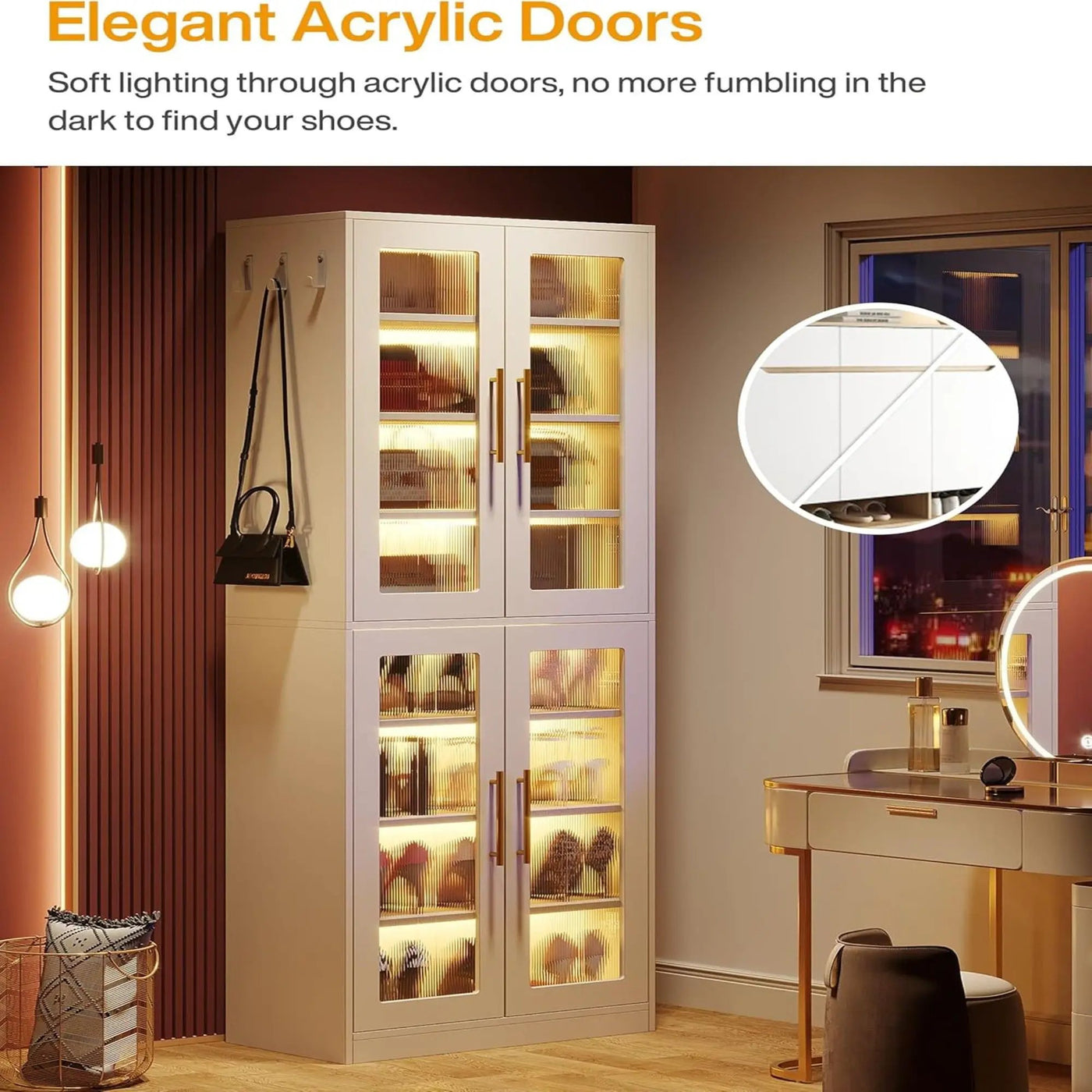 Bookcase With Doors And LED Lighting, 8 Adjustable Shelves Storage Cabinet by HouseOfZazla