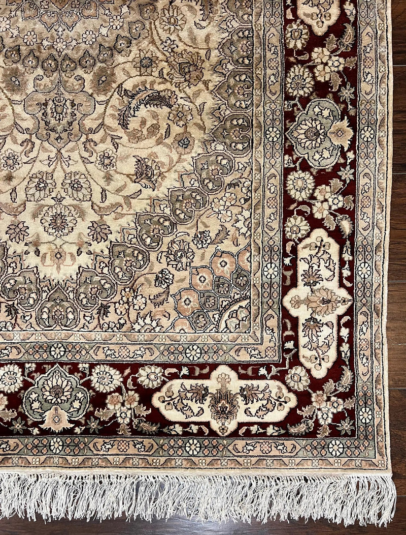 Silk Indian Kashmiri Rug 4x6 ft, Floral Medallion Hand Knotted Handmade Oriental Carpet, Vintage, Cream Burgundy, Very Fine Silk Rug 4 x 6 by Jewel Rugs