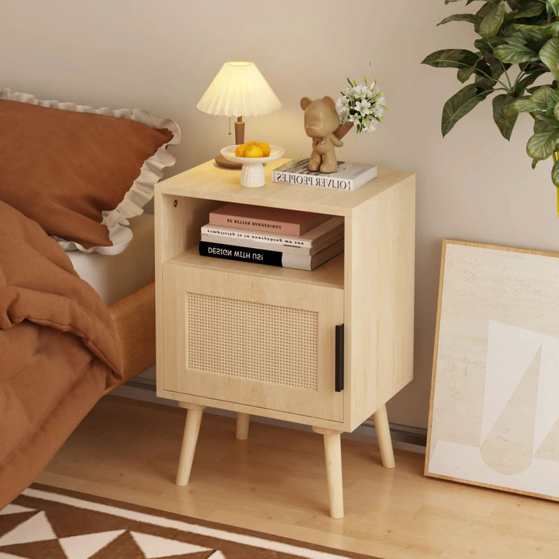 Nightstand Side Table with Door and Open Shelf for Bedroom - Oak by HouseOfZazla