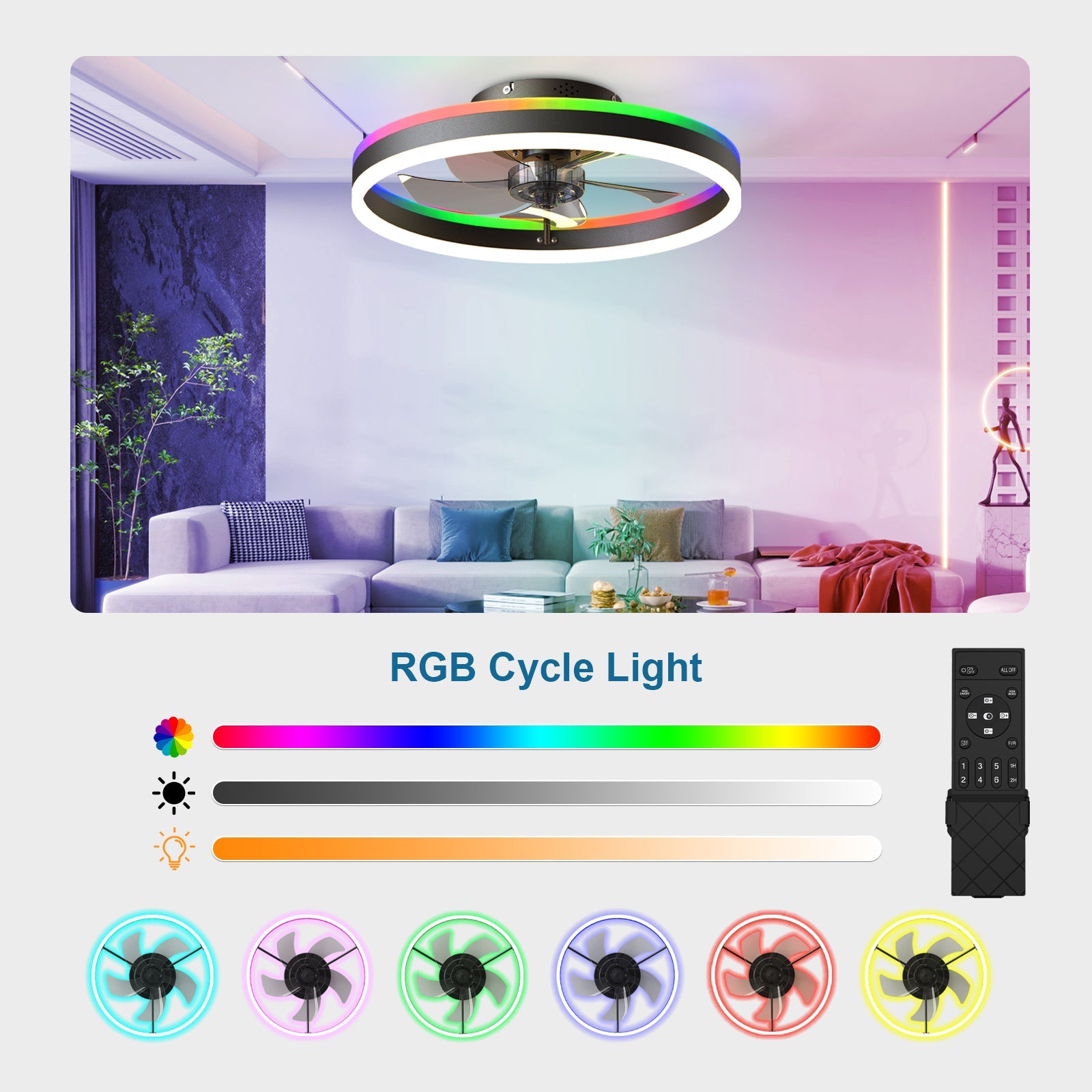 19.7" RGB Flush Mount Ceiling Fan with Light for Bedroom by HouseOfZazla