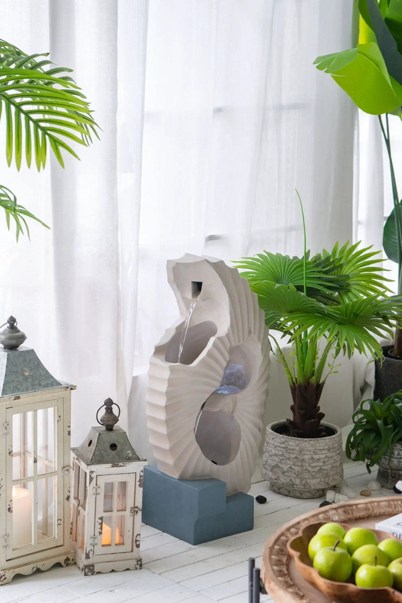 Abstract Water Fountain With Base With Light, For Indoor And Outdoor - White / Blue by Unique Piece Furniture