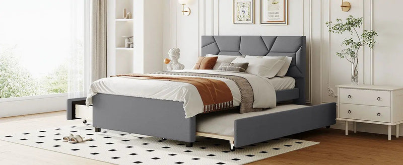 Upholstered Platform Bed With Brick Pattern Headboard And Twin Long Size Trundle by HouseOfZazla