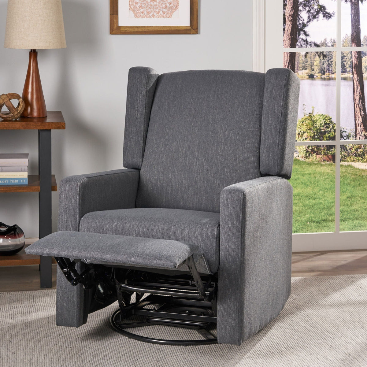 Landau Contemporary Fabric Upholstered Swivel Recliner with Manual Lever - Dark Gray, photo 3 of 4