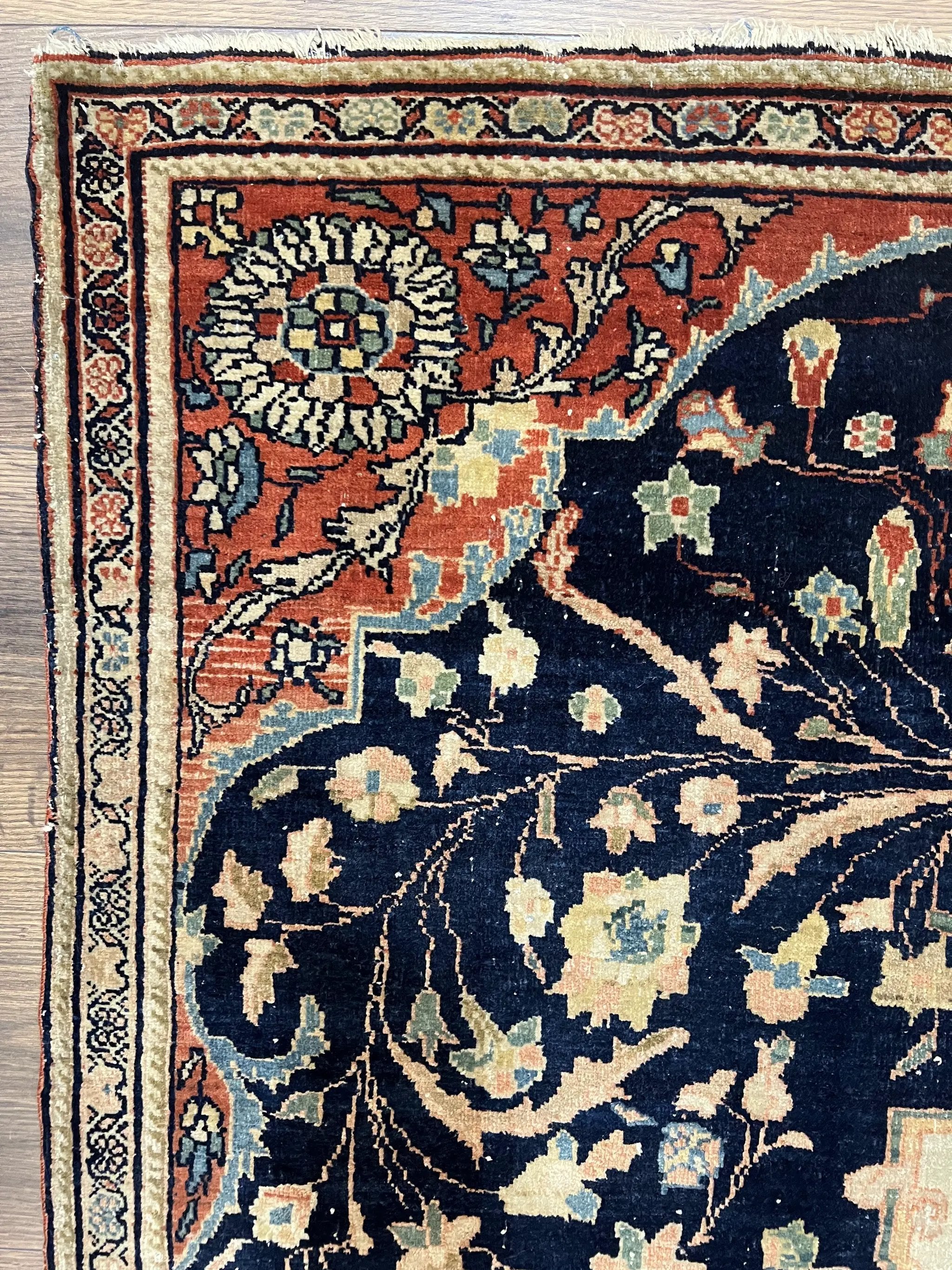 Antique Persian Rug 3.5 x 5, Sarouk Farahan Rug, High Quality 1920s Fine Oriental Carpet 3 x 5 ft, Large Medallion, Floral, Navy Blue Red, Hand Knotted Wool Rug by Jewel Rugs
