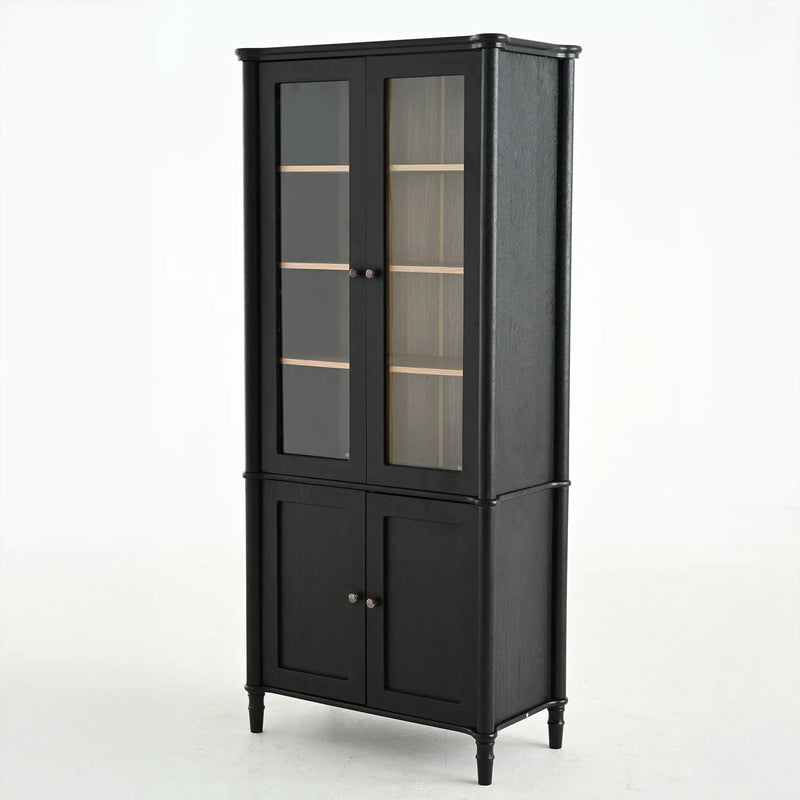 Vintage Display Cabinet With Double Glass Doors, Traditional Style For Collectibles, Ash Wood Veneer, 73.25" Tall - Black / Natural by HouseOfZazla