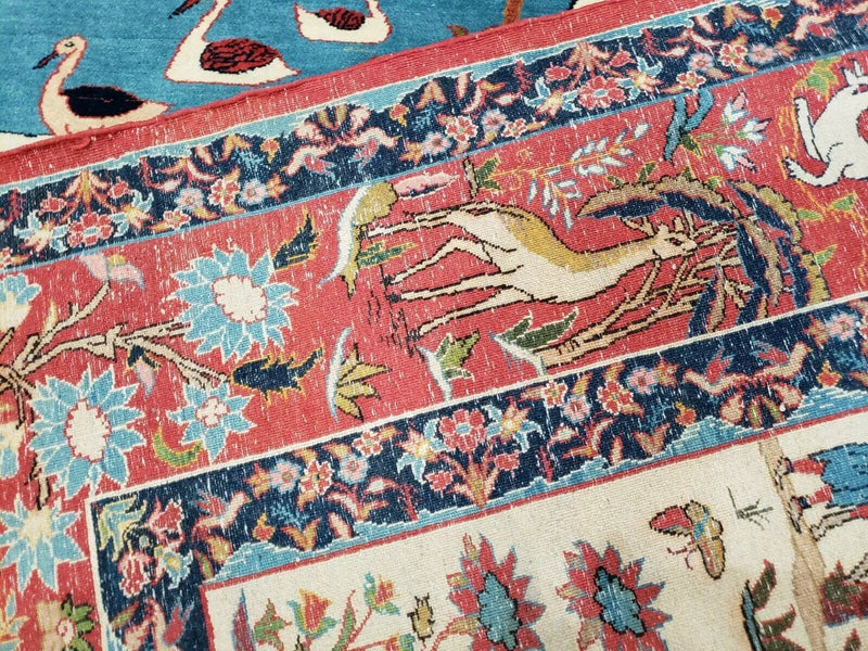 Antique Persian Isfahan Rug 5x7, Animal and Human Pictorials, Hand Knotted Fine Oriental Wool Carpet, Cream and Red, High KPSI, Vintage Rug 5 x 7 ft by Jewel Rugs