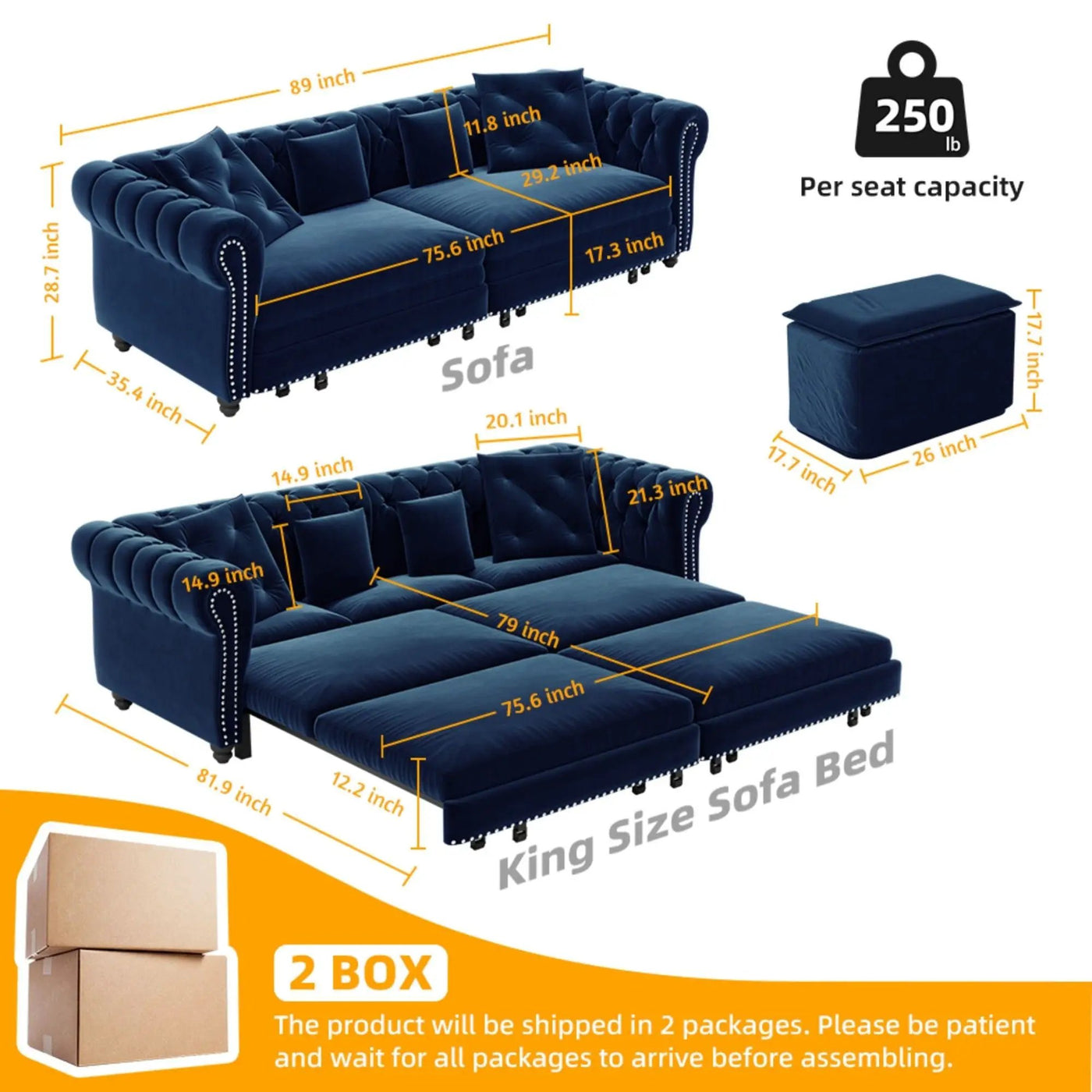 3 In 1 Convertible Sleeper Sofa Bed With Movable Ottoman by HouseOfZazla