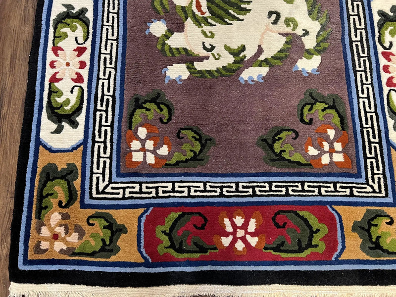 Chinese Art Deco Rug 3 x 5.5 with Animal Pictorials, Vintage Chinese Peking Wool Area Rug, Dark Puce Maroon Ivory, Hand Knotted Soft Carpet by Jewel Rugs