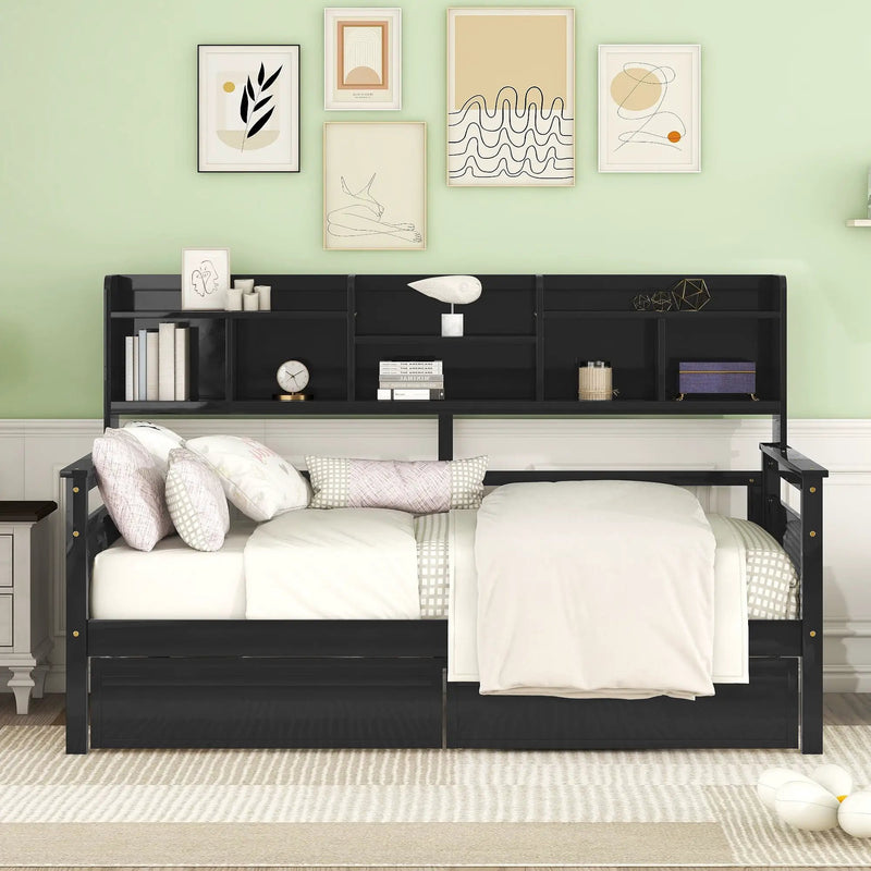 Daybed, Slat Support, With Bedside Shelves And 2 Drawers by HouseOfZazla