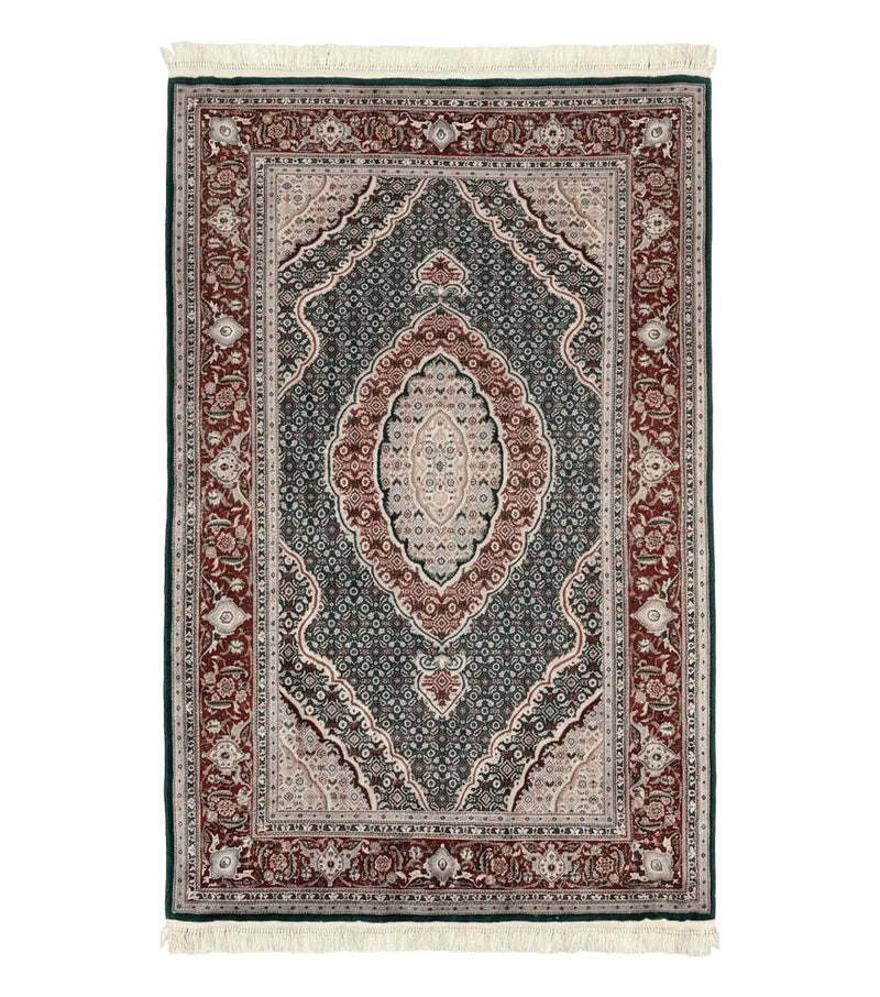 Sino Persian Rug 4x6, Wool with Silk Highlights, Fine Hand Knotted Carpet, Green & Maroon Red, Herati Medallion, Vintage Rug by Jewel Rugs