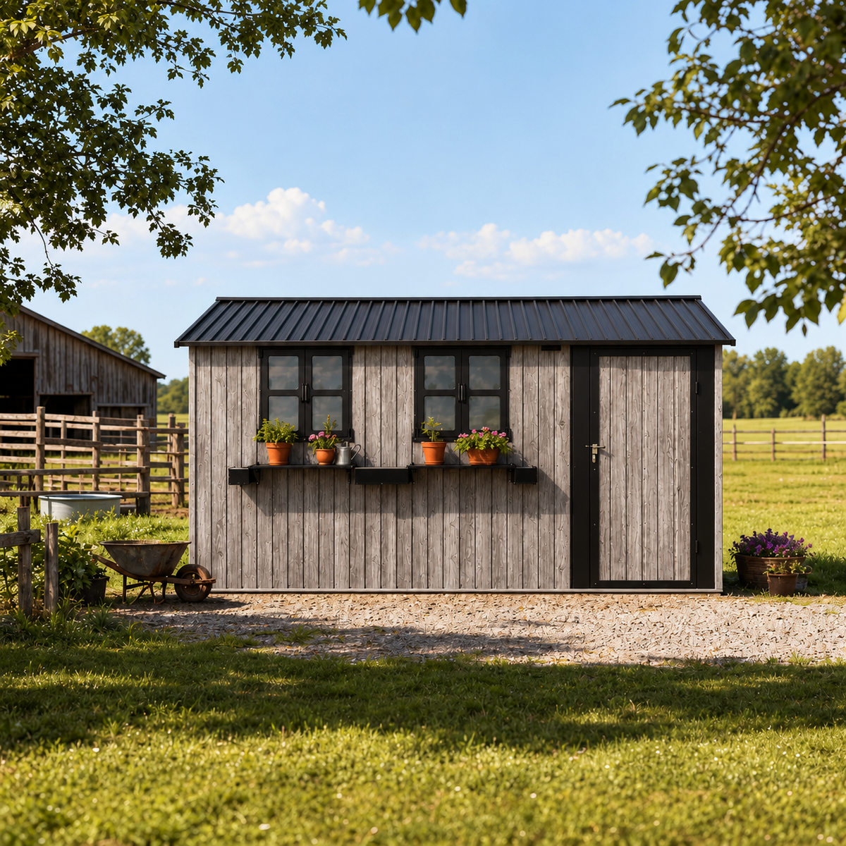 12x10 FT Outdoor Metal Storage Shed with 3 Clear Windows & Decorative Flower Rack, Lockable Single Door Tool Shed, Heavy Duty Waterproof Weatherproof Garden Shed for Backyard Patio Yard,Grey+Black, photo 5 of 9