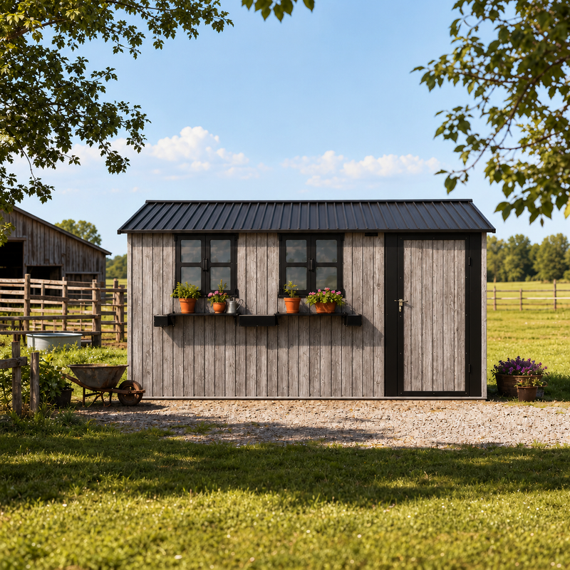12x10 FT Outdoor Metal Storage Shed with 3 Clear Windows & Decorative Flower Rack, Lockable Single Door Tool Shed, Heavy Duty Waterproof Weatherproof Garden Shed for Backyard Patio Yard,Grey+Black, photo 5 of 9