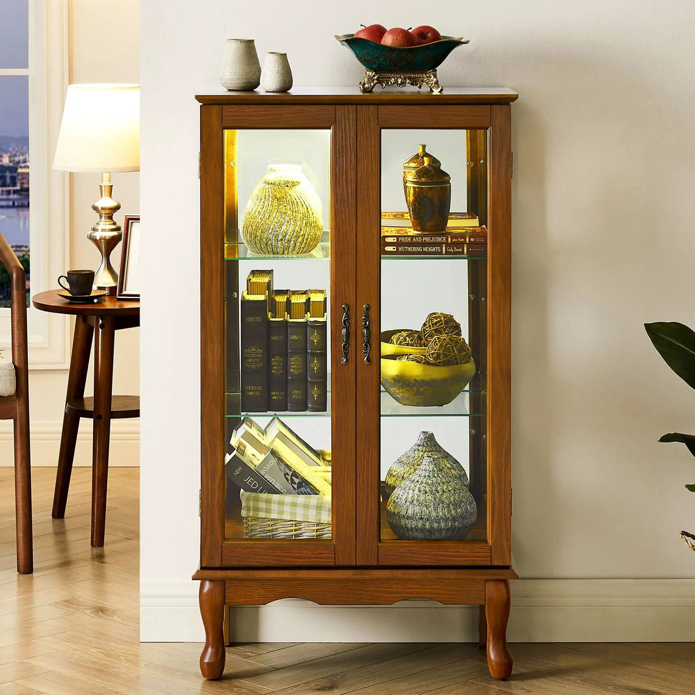 Curio Cabinet Lighted Curio Diapaly Cabinet With Adjustable Shelves And Mirrored Back Panel, Tempered Glass Doors (3 Tier), (E26 Light Bulb Not Included) by HouseOfZazla