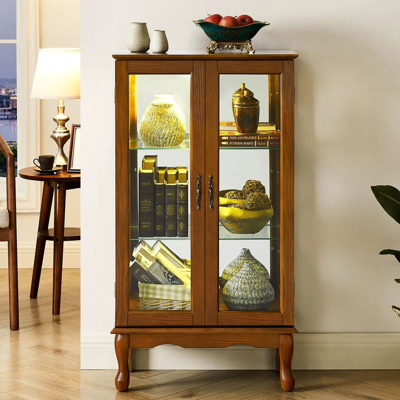 Curio Cabinet Lighted Curio Diapaly Cabinet With Adjustable Shelves And Mirrored Back Panel, Tempered Glass Doors (3 Tier), (E26 Light Bulb Not Included) by HouseOfZazla