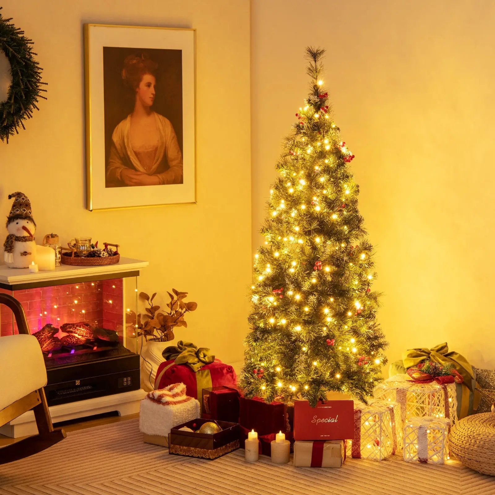 5/6/7/8/9 FT Pre-Lit Artificial Hinged Slim Pencil Christmas Tree by DirectDeals