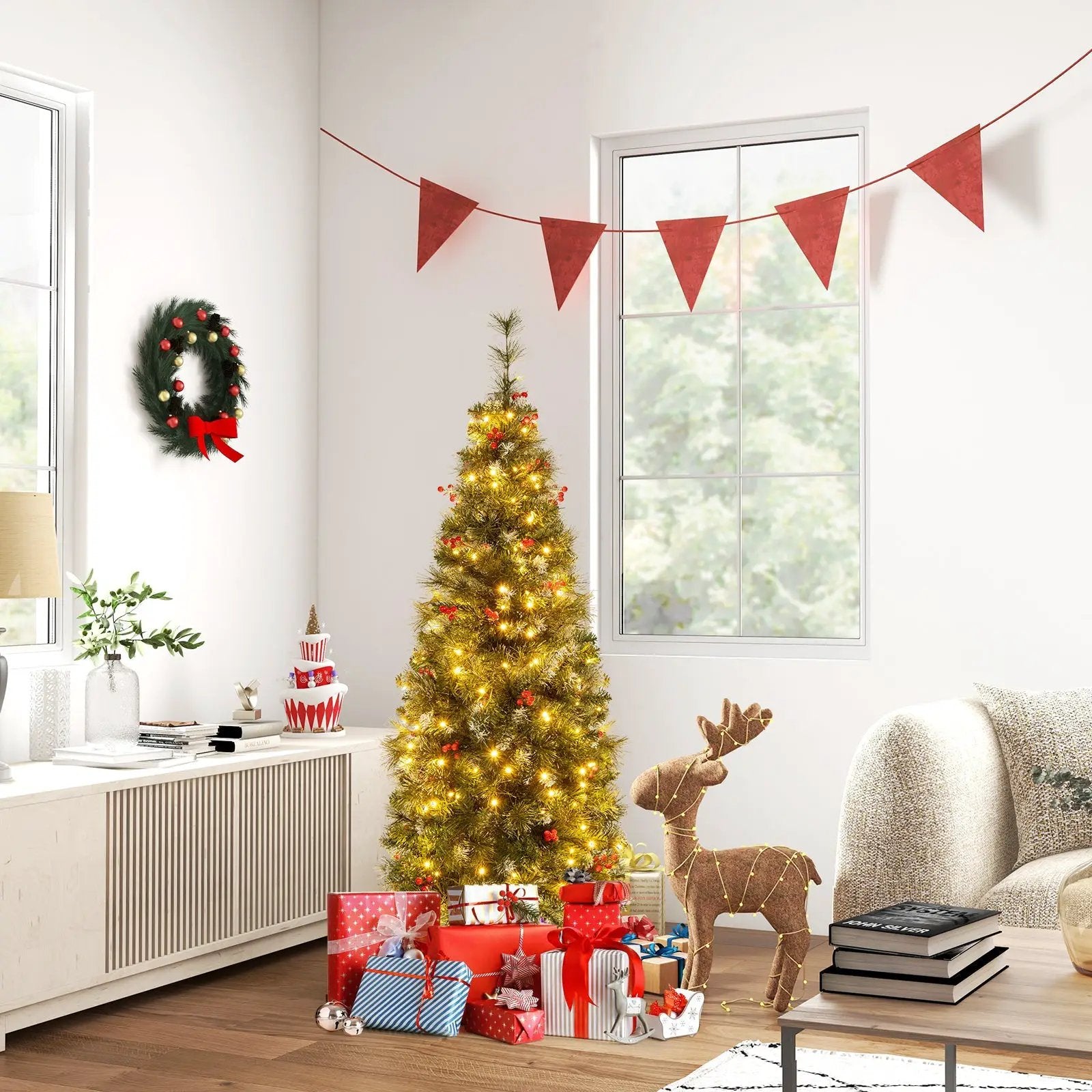 5/6/7/8/9 FT Pre-Lit Artificial Hinged Slim Pencil Christmas Tree by DirectDeals