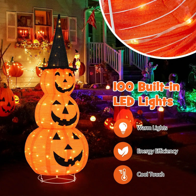 5 Feet Lighted Stacked Pumpkins Halloween Decoration with Witch Hat by DirectDeals