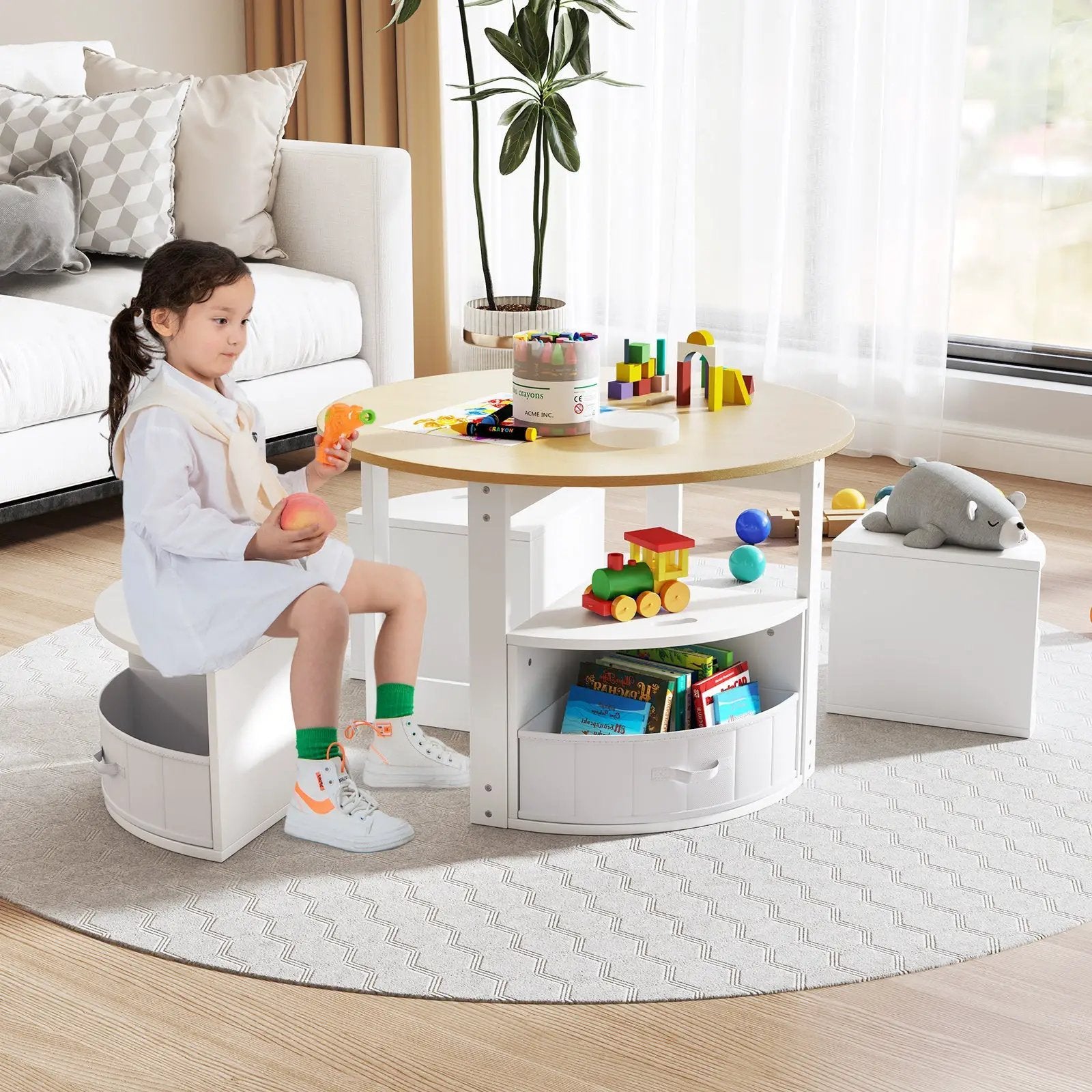 5 Piece Toddler Round Nesting Table with 4 Storage Stools for Activity by DirectDeals