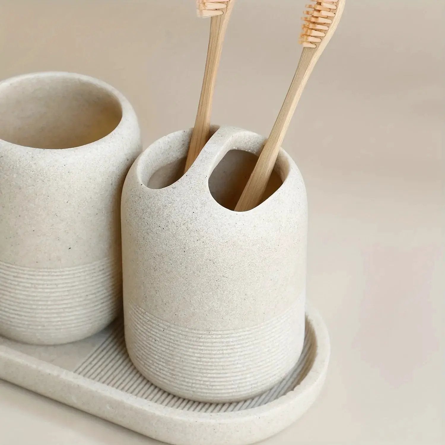 5pcs Bathroom Set: Soap Dispenser, Rinse Cup, Toothbrush Holder, Soap Dish, Tray - Yellow Sandstone Texture by House Of Avana
