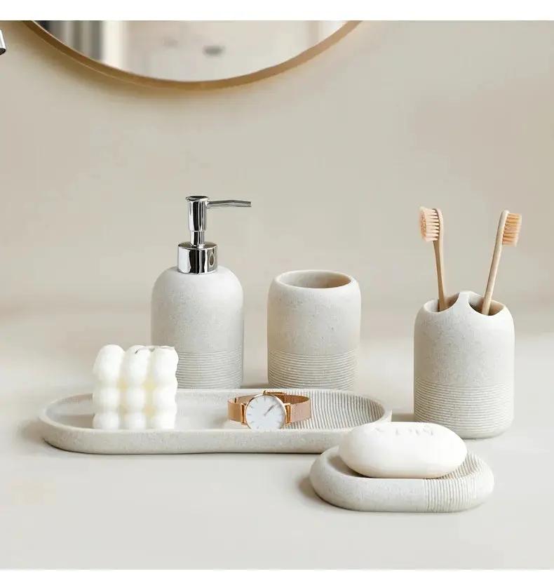 5pcs Bathroom Set: Soap Dispenser, Rinse Cup, Toothbrush Holder, Soap Dish, Tray - Yellow Sandstone Texture by House Of Avana
