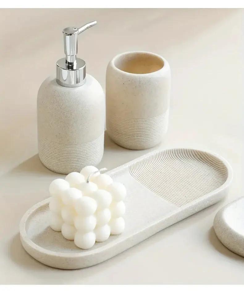 5pcs Bathroom Set: Soap Dispenser, Rinse Cup, Toothbrush Holder, Soap Dish, Tray - Yellow Sandstone Texture by House Of Avana