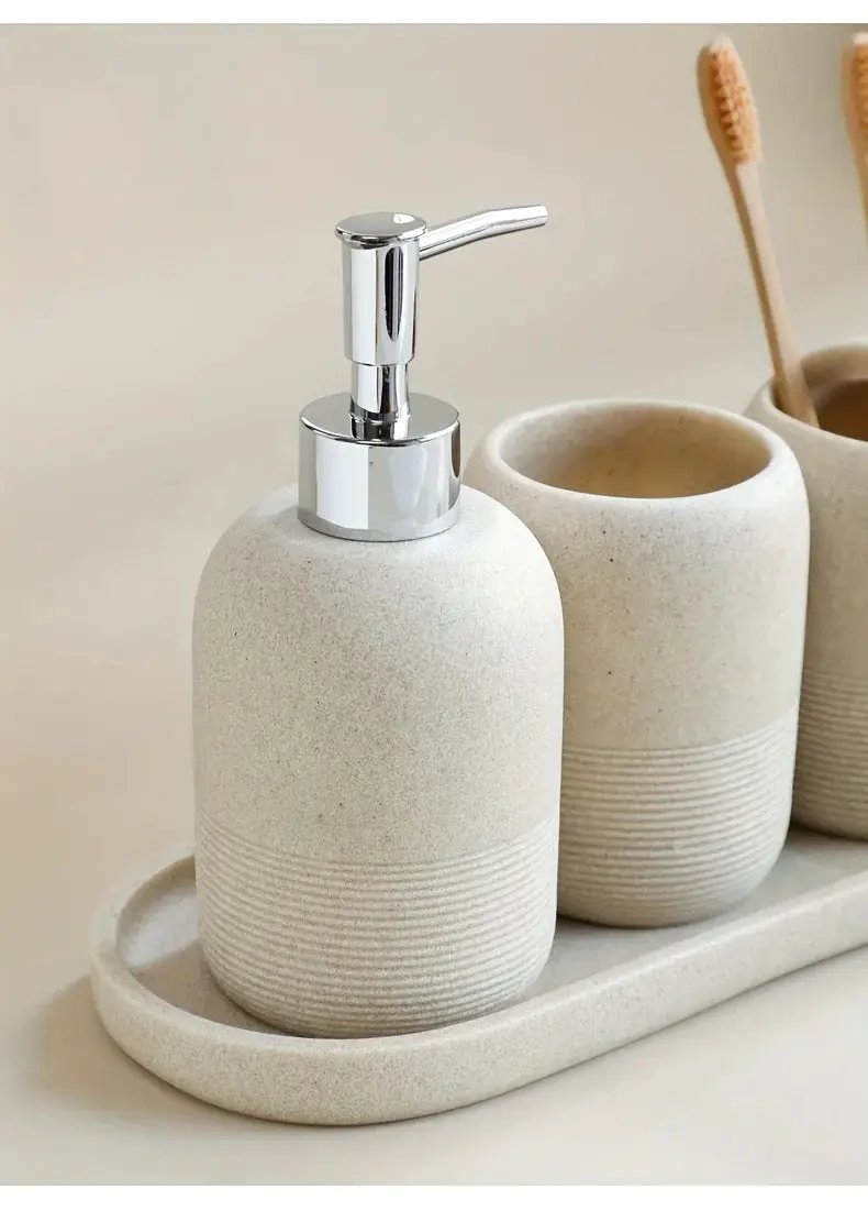 5pcs Bathroom Set: Soap Dispenser, Rinse Cup, Toothbrush Holder, Soap Dish, Tray - Yellow Sandstone Texture by House Of Avana