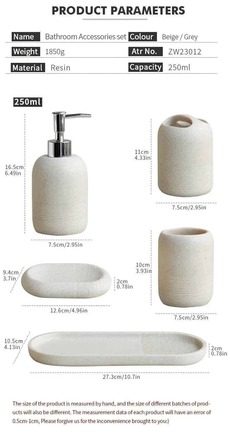 5pcs Bathroom Set: Soap Dispenser, Rinse Cup, Toothbrush Holder, Soap Dish, Tray - Yellow Sandstone Texture by House Of Avana