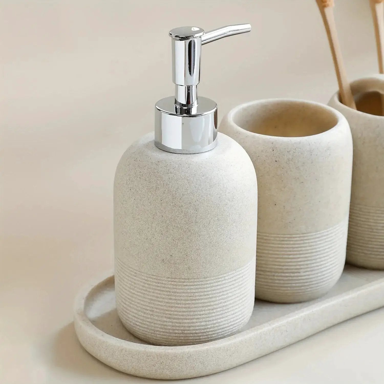 5pcs Bathroom Set: Soap Dispenser, Rinse Cup, Toothbrush Holder, Soap Dish, Tray - Yellow Sandstone Texture by House Of Avana