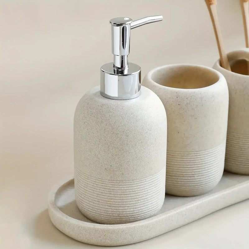 5pcs Bathroom Set: Soap Dispenser, Rinse Cup, Toothbrush Holder, Soap Dish, Tray - Yellow Sandstone Texture by House Of Avana