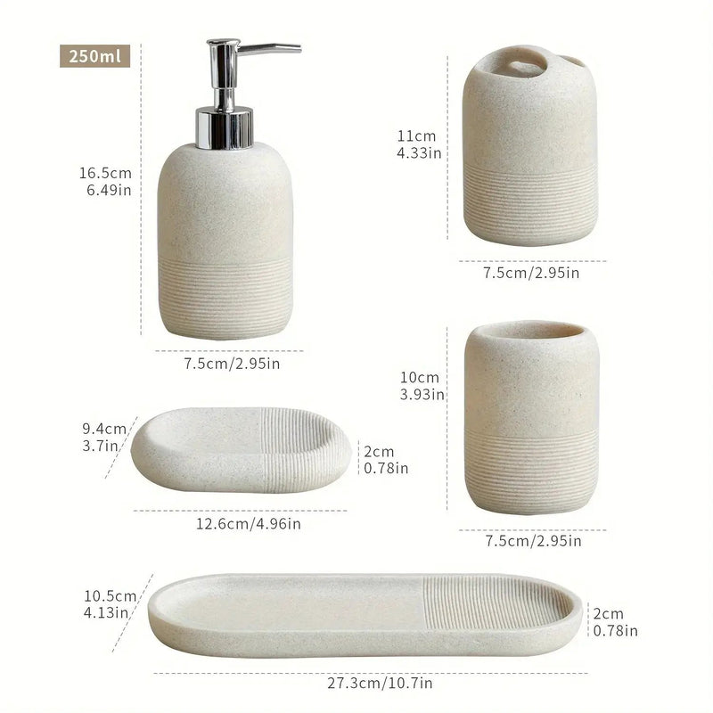 5pcs Bathroom Set: Soap Dispenser, Rinse Cup, Toothbrush Holder, Soap Dish, Tray - Yellow Sandstone Texture by House Of Avana