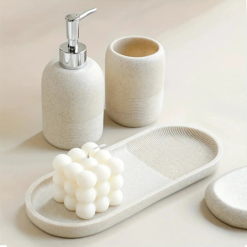 5pcs Bathroom Set: Soap Dispenser, Rinse Cup, Toothbrush Holder, Soap Dish, Tray - Yellow Sandstone Texture by House Of Avana