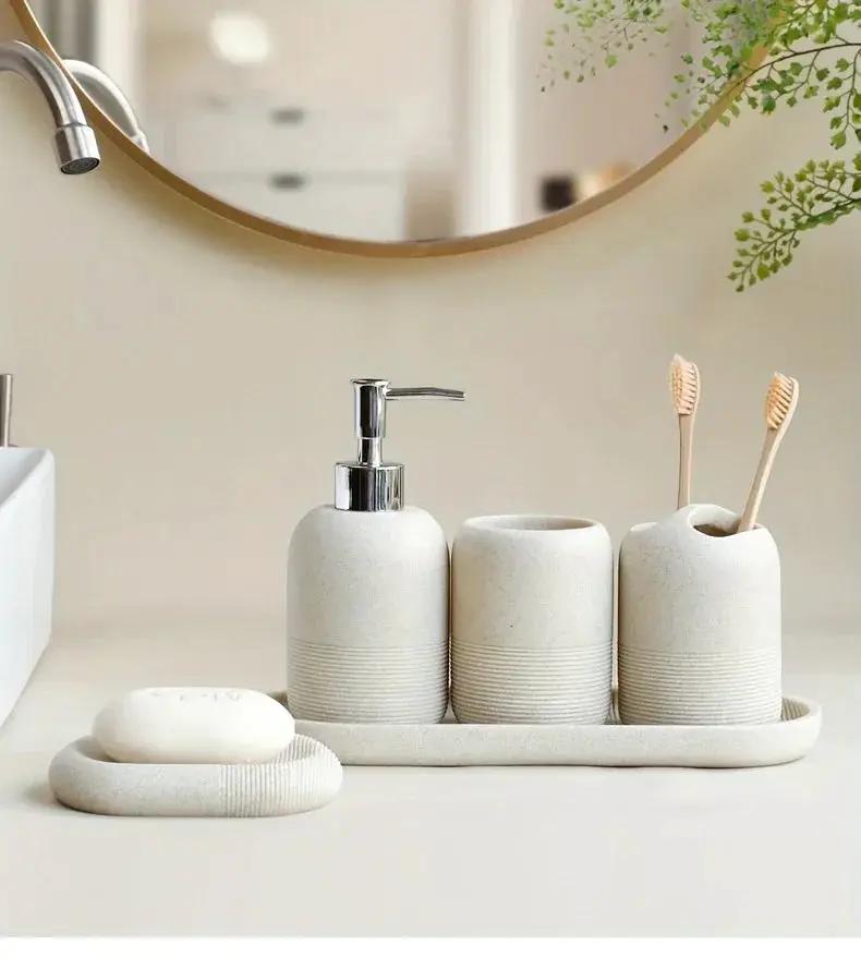 5pcs Bathroom Set: Soap Dispenser, Rinse Cup, Toothbrush Holder, Soap Dish, Tray - Yellow Sandstone Texture by House Of Avana