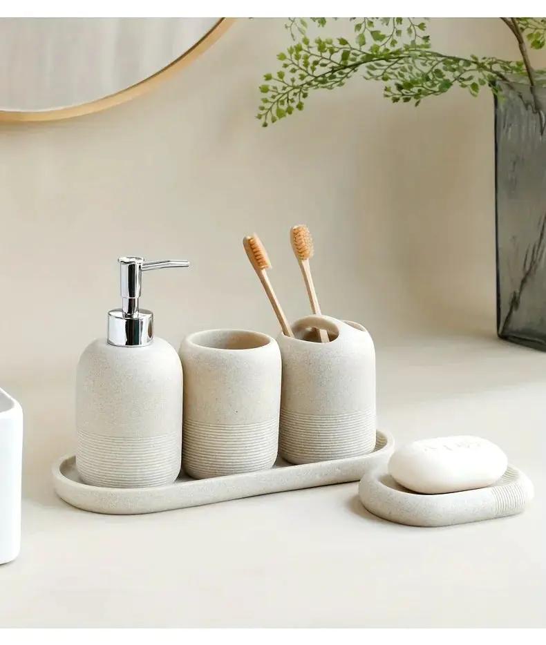 5pcs Bathroom Set: Soap Dispenser, Rinse Cup, Toothbrush Holder, Soap Dish, Tray - Yellow Sandstone Texture by House Of Avana