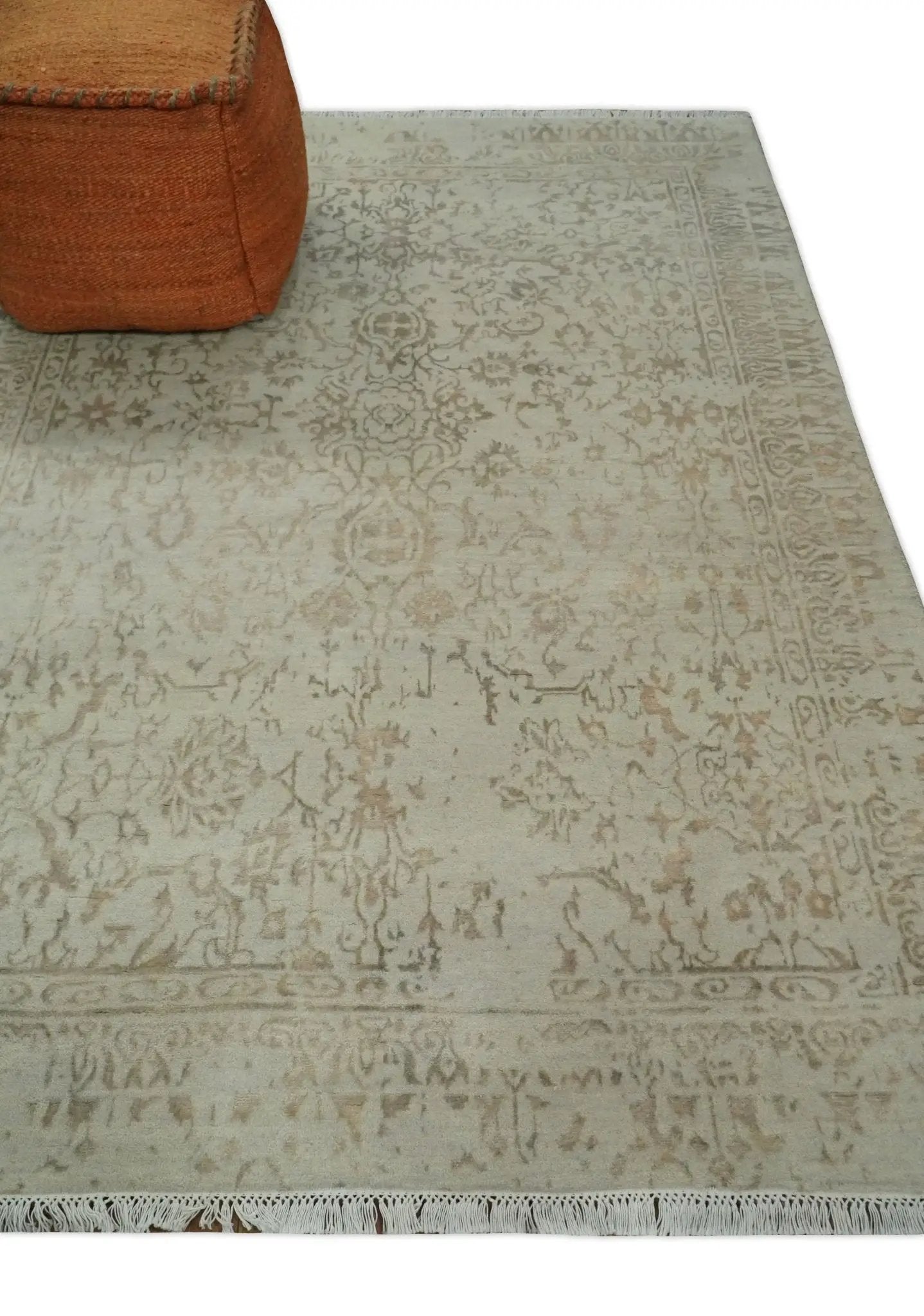5x7 Fine Hand Knotted Beige and Brown Traditional Style Antique Wool and Silk Rug by The Rug Decor