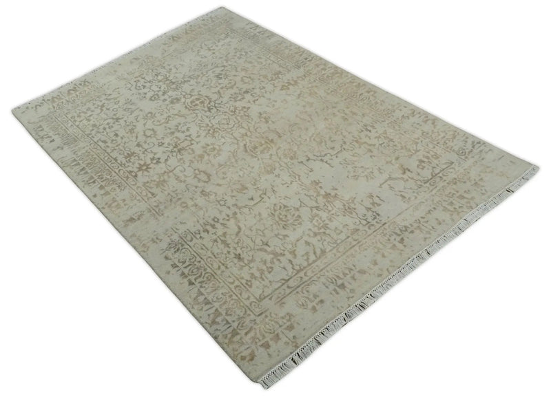 5x7 Fine Hand Knotted Beige and Brown Traditional Style Antique Wool and Silk Rug by The Rug Decor