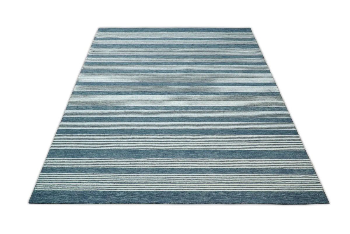 Blue Modern Stripes Pattern Hand Tufted Wool Area Rug by The Rug Decor