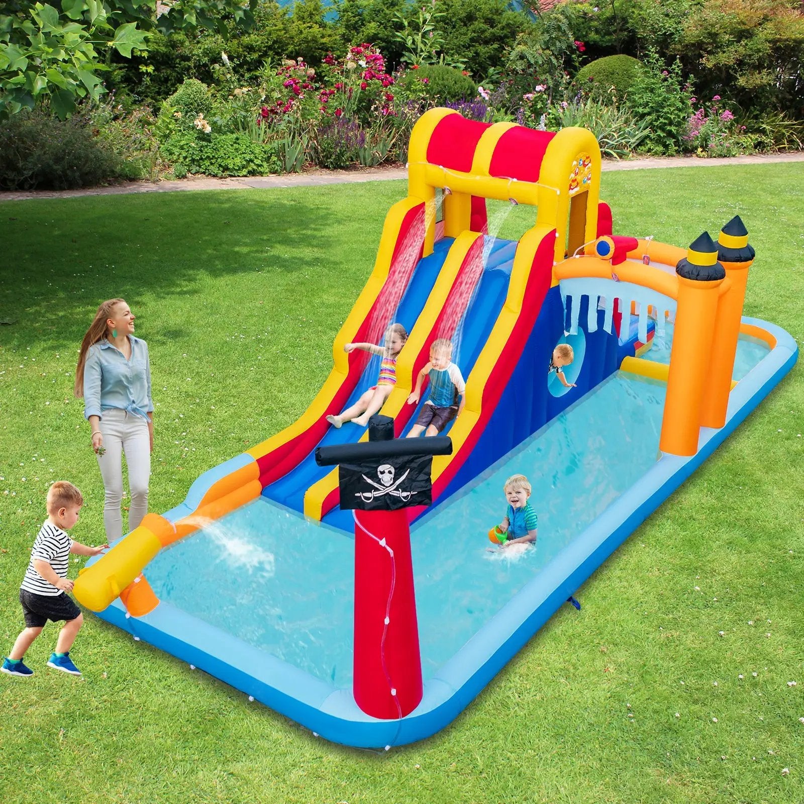 6-In-1 Inflatable Water Slide with Dual Slides and Cave Crawling Game without Blower by DirectDeals