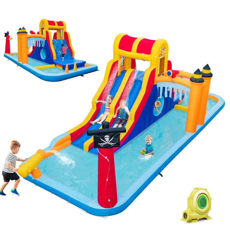 6-In-1 Inflatable Water Slide with Dual Slides Climbing Wall and Cave Crawling Game with 950W Blower by DirectDeals