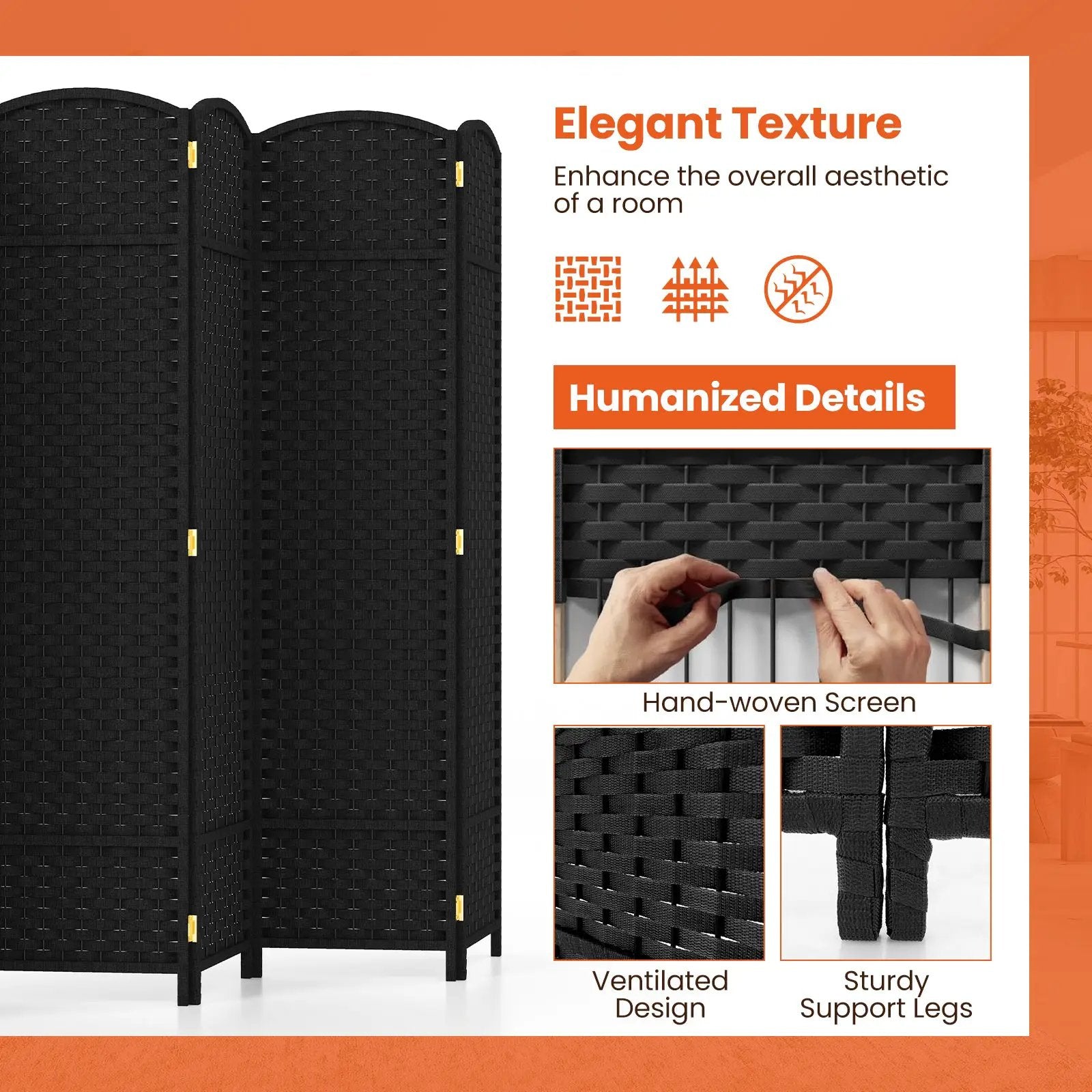 6-Panel Room Divider 5.6 FT Tall Folding Privacy Screen with Hand-woven Texture by DirectDeals