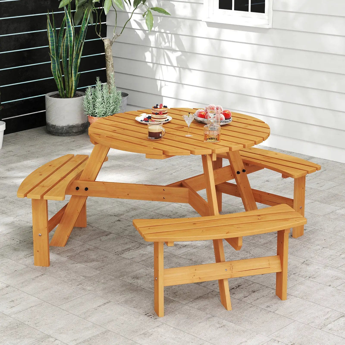 6-Person Round Picnic Table Set with 3 Built-in Benches and Umbrella Hole by DirectDeals