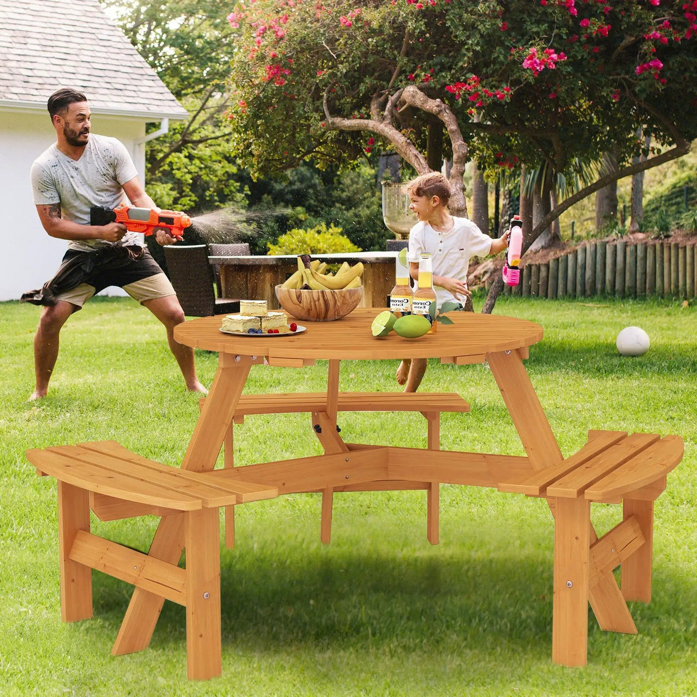 6-Person Round Picnic Table Set with 3 Built-in Benches and Umbrella Hole by DirectDeals